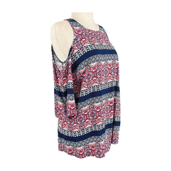 JESSICA SIMPSON COLD SHOULDER NAVY BLUE AND RED MATERNITY TOP, SIZE M - Picture 4 of 4